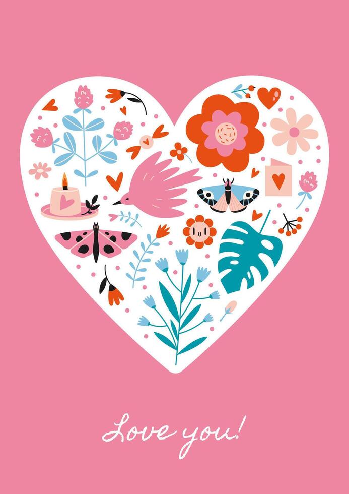 Santo San Valentín saludo tarjeta con corazón y romántico objetos adentro, dibujos animados estilo. de moda moderno vector ilustración, mano dibujado, plano