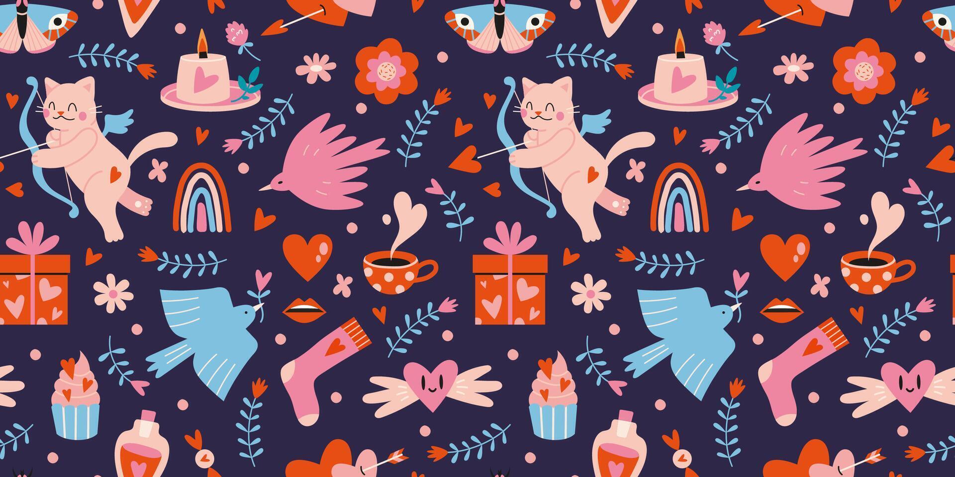 Saint Valentine's seamless pattern with cute romantic elements on a dark background, cartoon style. Trendy modern vector illustration, hand drawn, flat