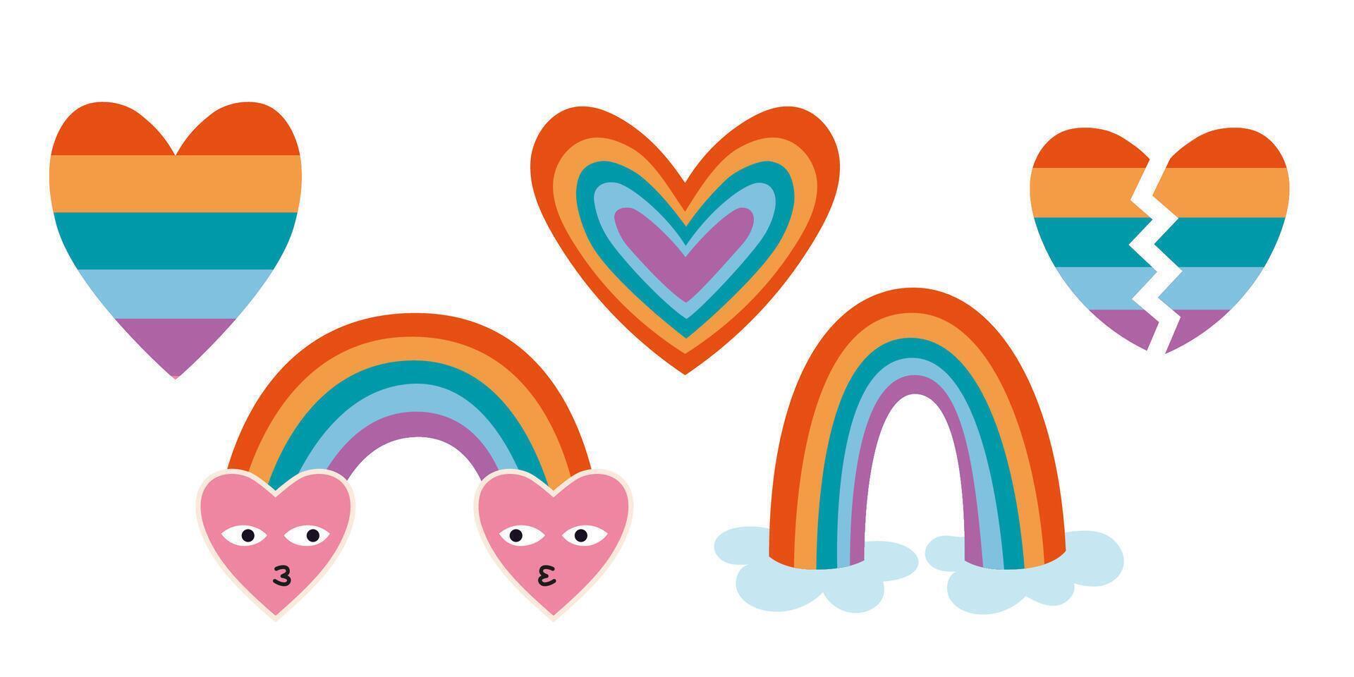 Set of LGBT related symbols like Heart and Rainbow, cartoon style. Acceptance and diversity, pride concept. Trendy modern vector illustration isolated on white background, hand drawn, flat