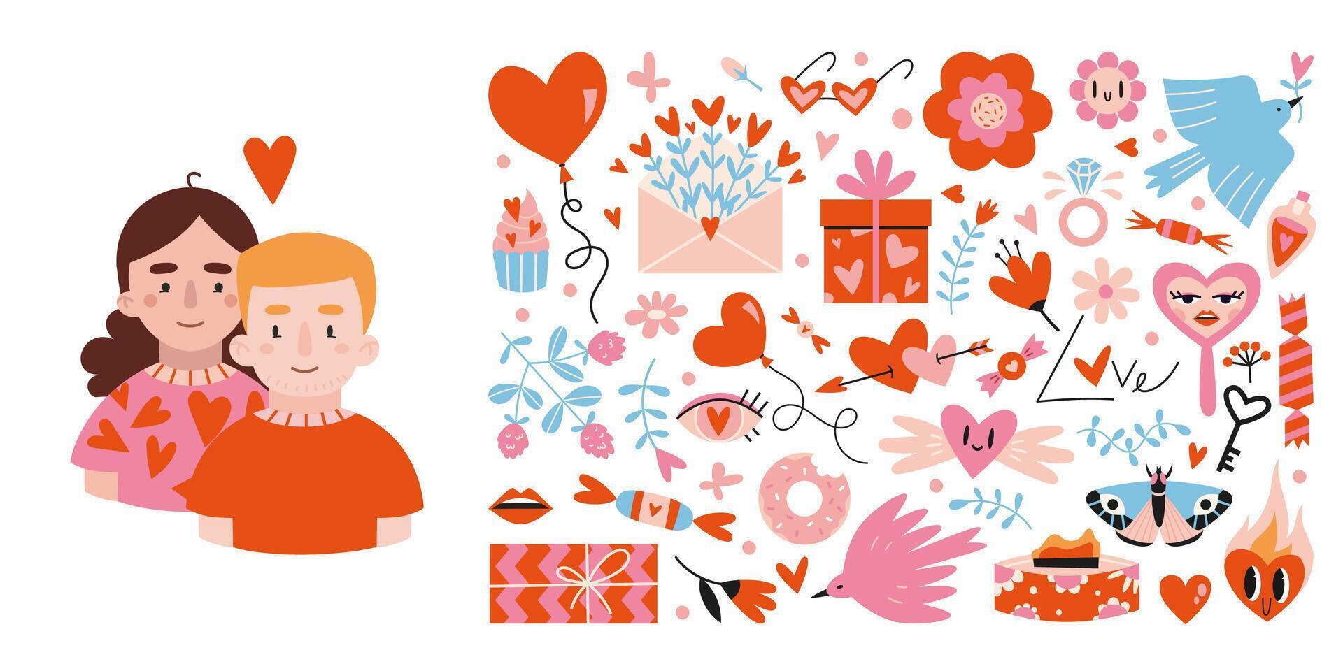 Various romantic objects and loving couple, cartoon style. Valentine's Day concept. Trendy vector illustration isolated on white, hand drawn, flat