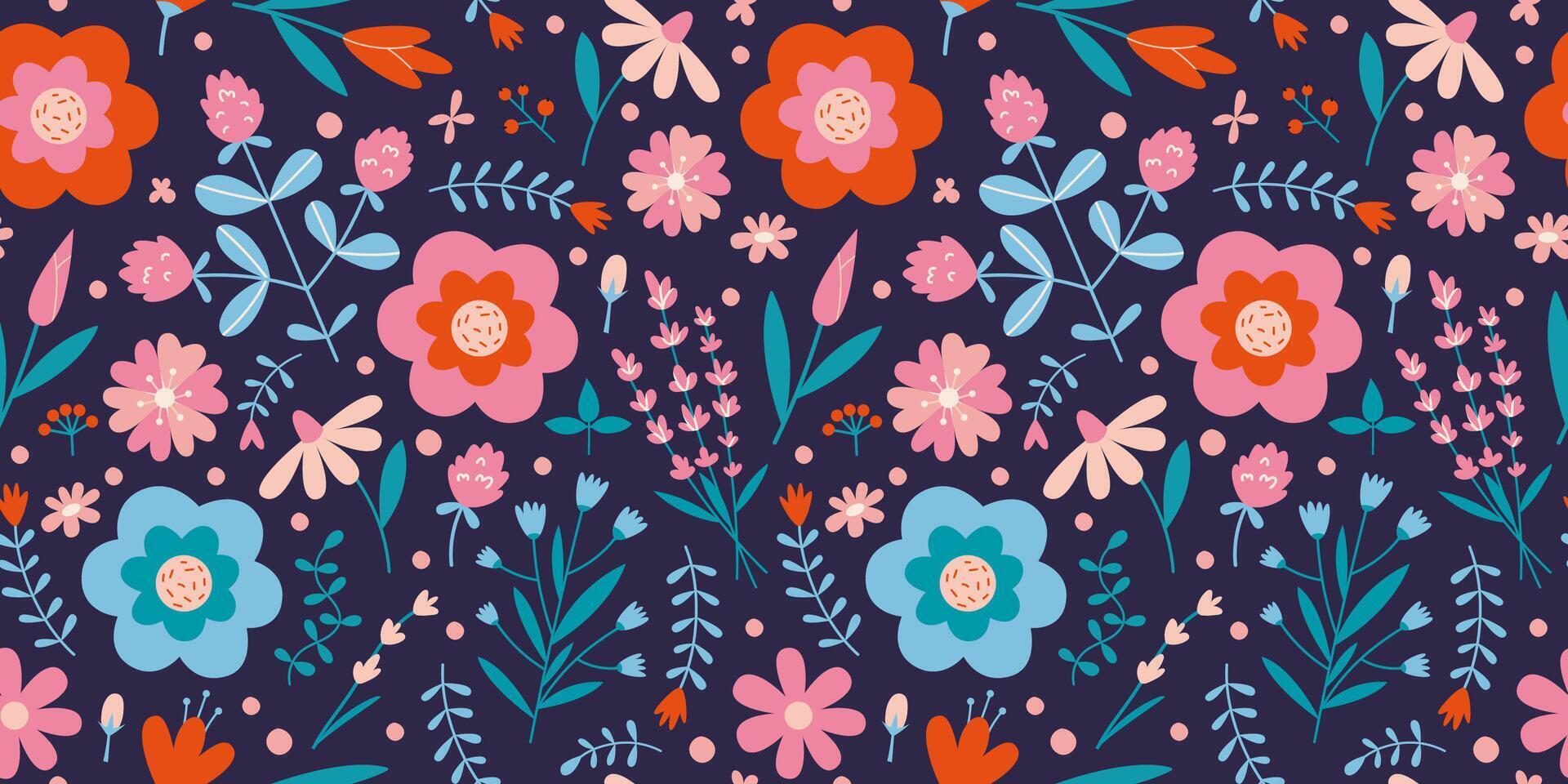 Floral seamless pattern with cute wild flowers on a dark background, cartoon style. Trendy modern vector illustration, hand drawn, flat