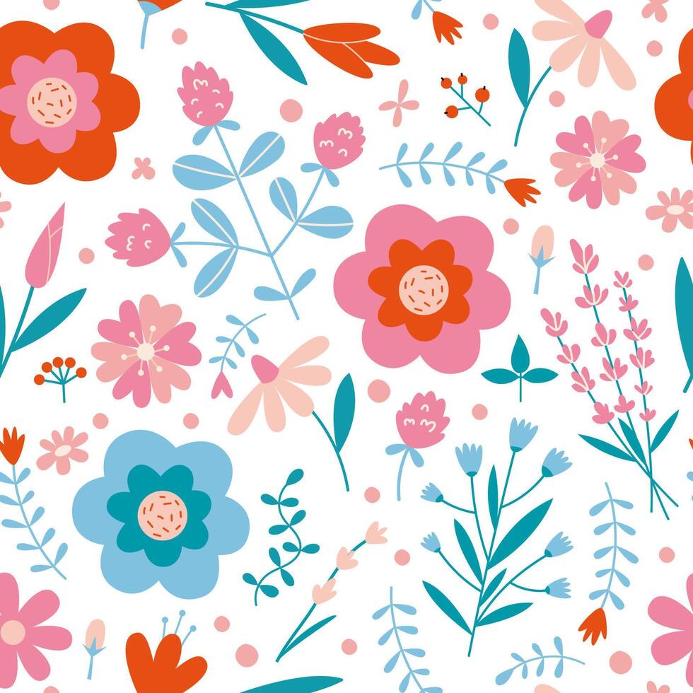 Floral seamless pattern with cute wild flowers on a white background, cartoon style. Trendy modern vector illustration, hand drawn, flat