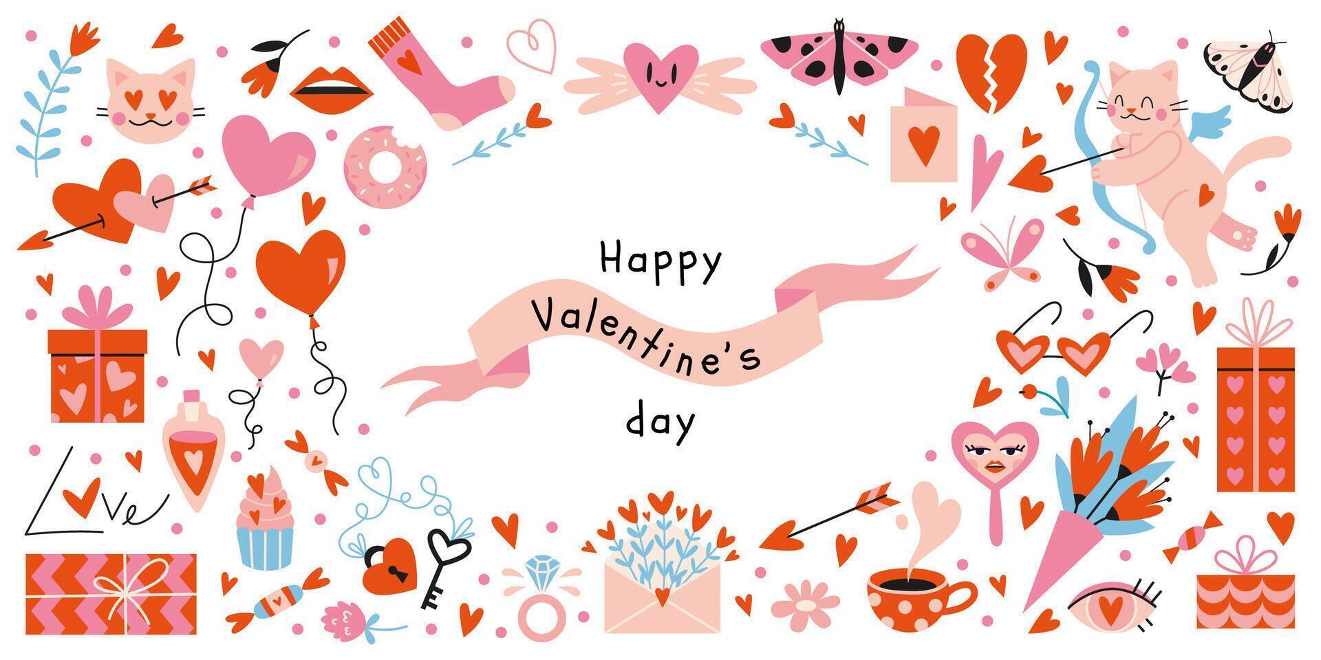 contento San Valentín día grande colocar. muchos varios romántico objetos me gusta corazones, globos, Cupido, regalos y dulces, dibujos animados estilo. de moda moderno vector ilustración aislado en blanco, mano dibujado, plano