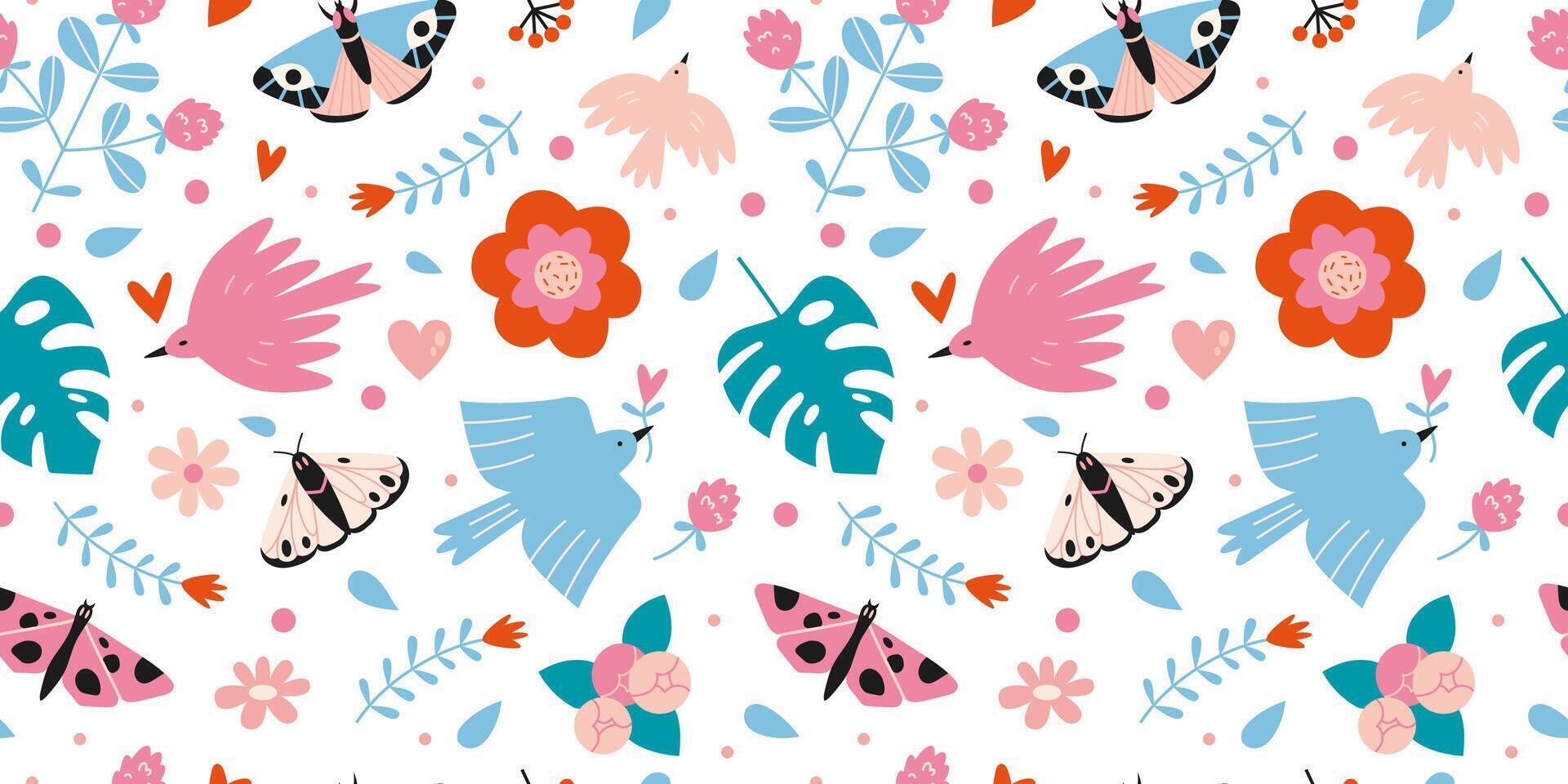 Floral seamless pattern with cute birds, butterflies and flowers on a white background, cartoon style. Trendy modern vector illustration, hand drawn, flat