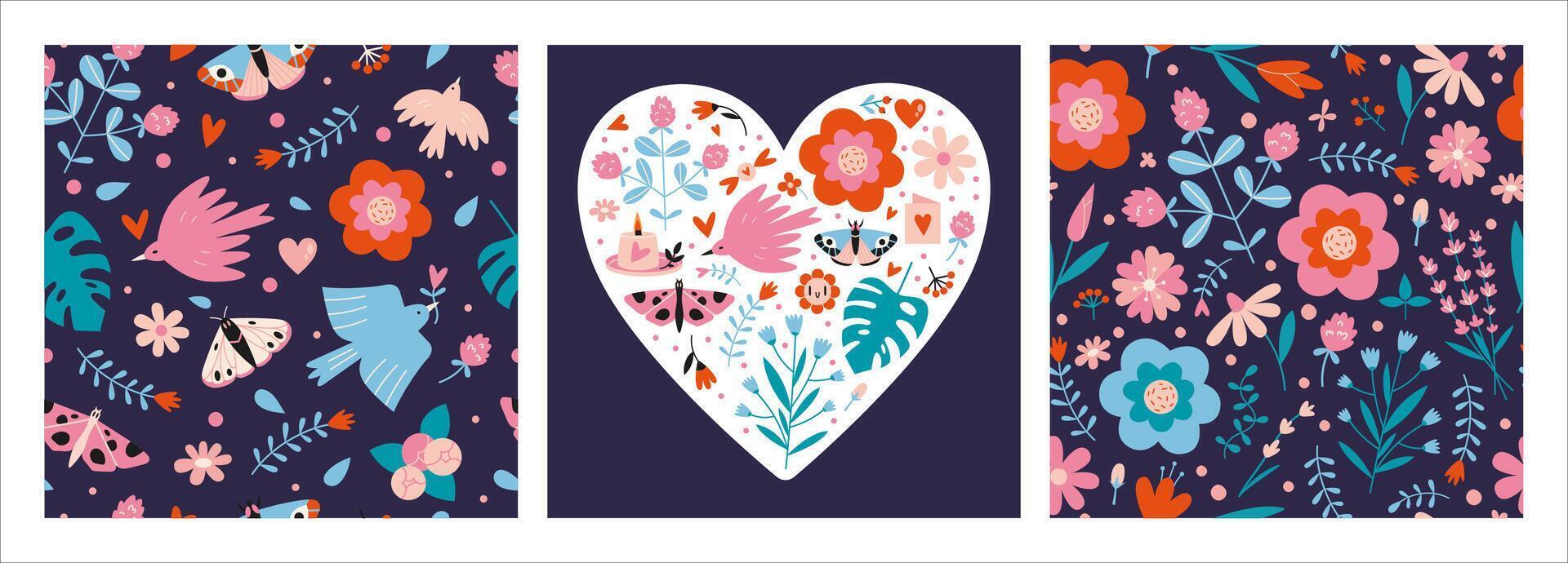 Set of elements in a spring, floral theme, including seamless patterns and a composition of various objects of nature, cartoon style. Trendy modern vector illustration, hand drawn, flat