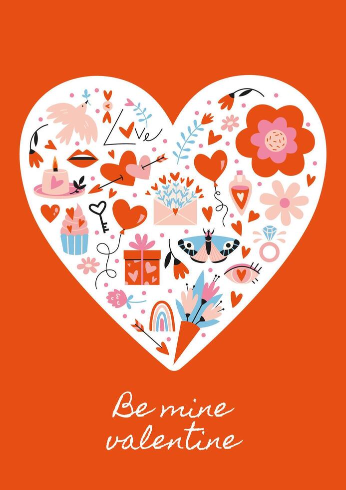 Be mine valentine. Greeting card with heart and romantic objects inside, cartoon style. Trendy modern vector illustration, hand drawn, flat