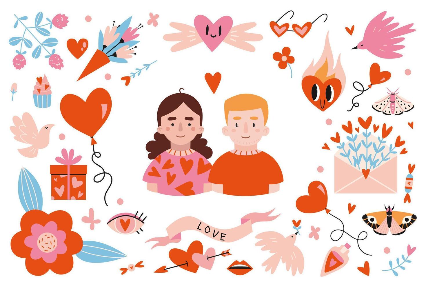 Loving couple and various romantic objects around, cartoon style. Valentine's Day concept. Trendy vector illustration isolated on white, hand drawn, flat