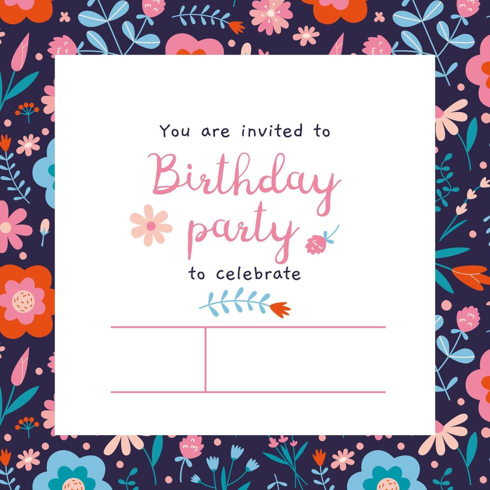 Birthday Party Invitation Card Template with spring vibe, flower pattern, cartoon style. Trendy modern vector illustration, hand drawn, flat
