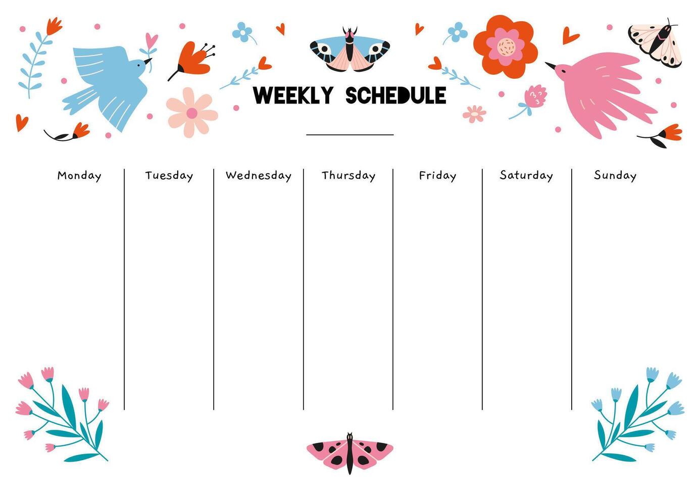 Cute weekly schedule template with spring vibe, birds, butterflies, flowers, cartoon style. Printable A4 paper planning for 7 days. Trendy modern vector illustration, hand drawn, flat