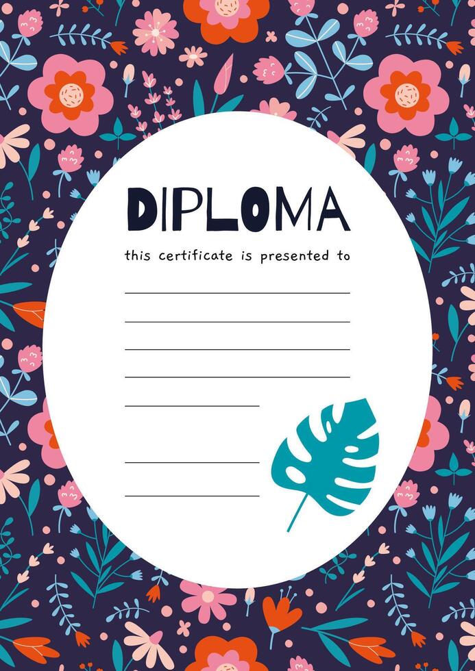 colegio diploma certificado para niños y estudiantes con floral patrón, dibujos animados estilo. antecedentes con linda salvaje flores y sitio para texto. de moda moderno vector ilustración, mano dibujado, plano