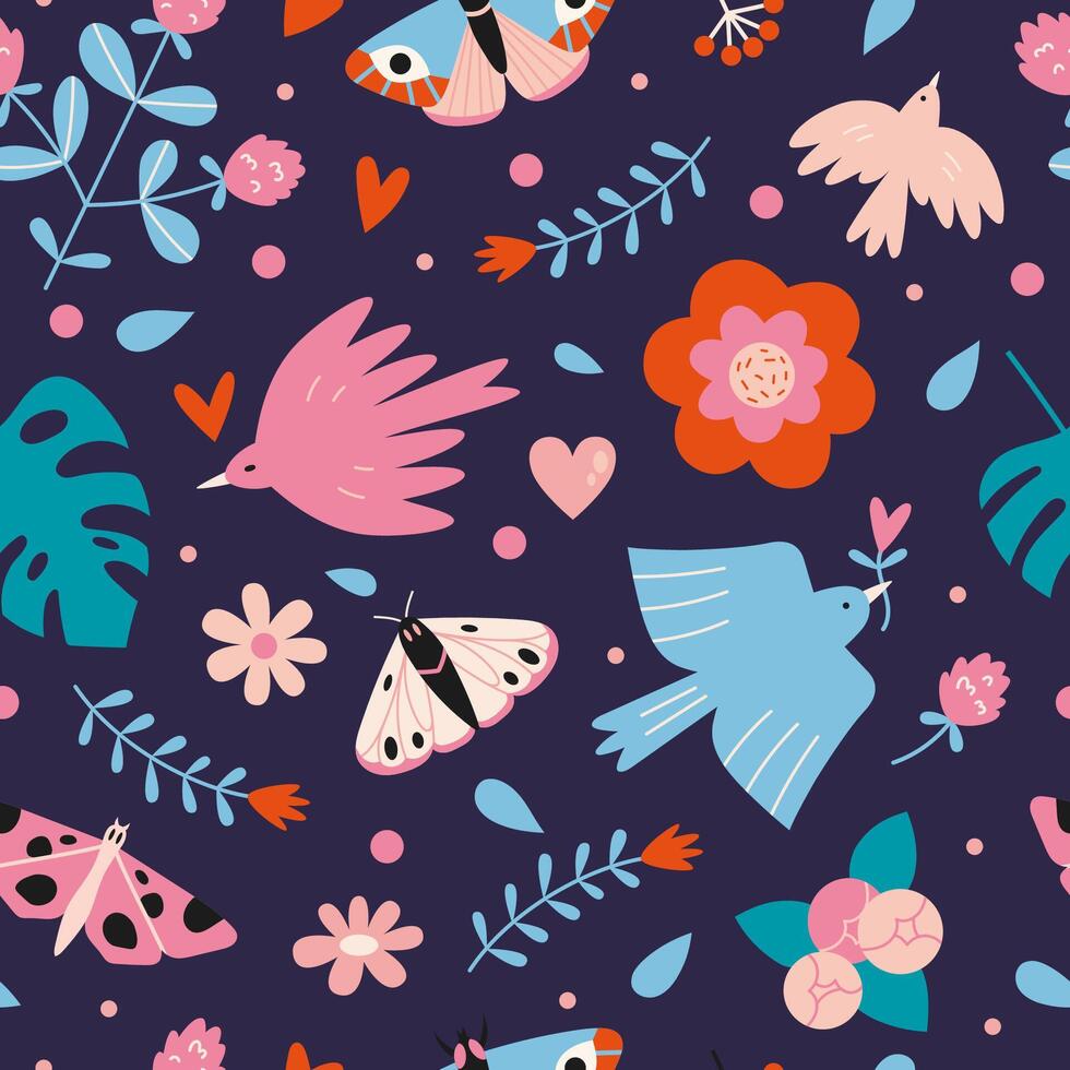 Floral seamless pattern with cute birds, butterflies and flowers on a dark background, cartoon style. Trendy modern vector illustration, hand drawn, flat