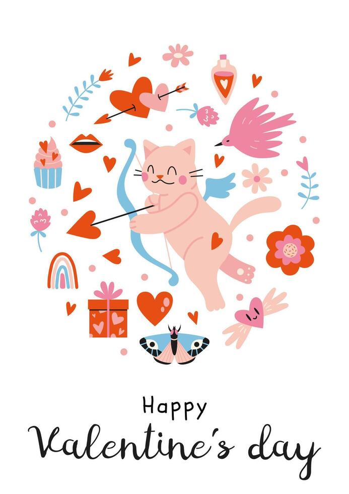 contento San Valentín día. saludo tarjeta con Cupido gato y romántico objetos, dibujos animados estilo. de moda moderno vector ilustración, mano dibujado, plano