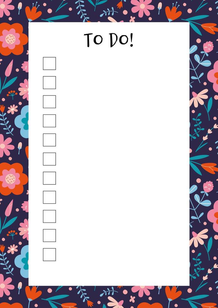 Cute to do list template, with spring vibe and flower pattern, cartoon style. Printable A4 paper for bullet journal page. Trendy modern vector illustration, hand drawn, flat