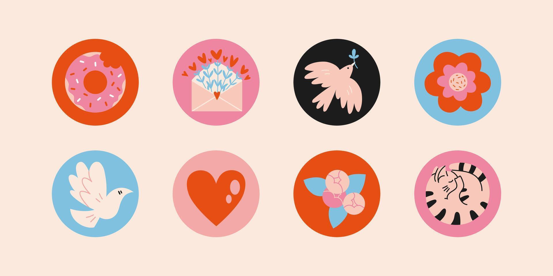 Set of various Valentines vector highlight stories covers with cute romantic elements. Trendy modern design. Cartoon, sticker style. Hand drawn templates. Round icons for social media.