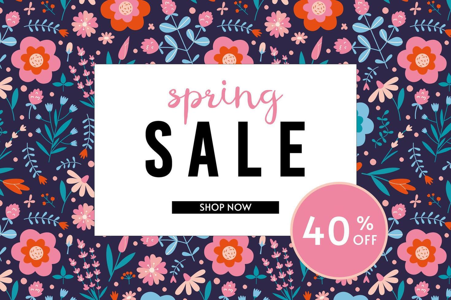 Spring sale 40 p.c. off banner template, cartoon style. Discount promotion layout poster for web or social media, advertising, leaflets and flyers. Trendy modern vector illustration, hand drawn