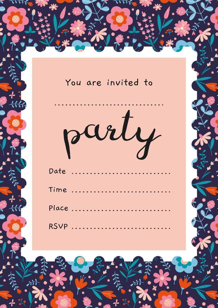 Party Invitation Card Template with postage stamp design and flower pattern, cartoon style. Trendy modern vector illustration, hand drawn, flat