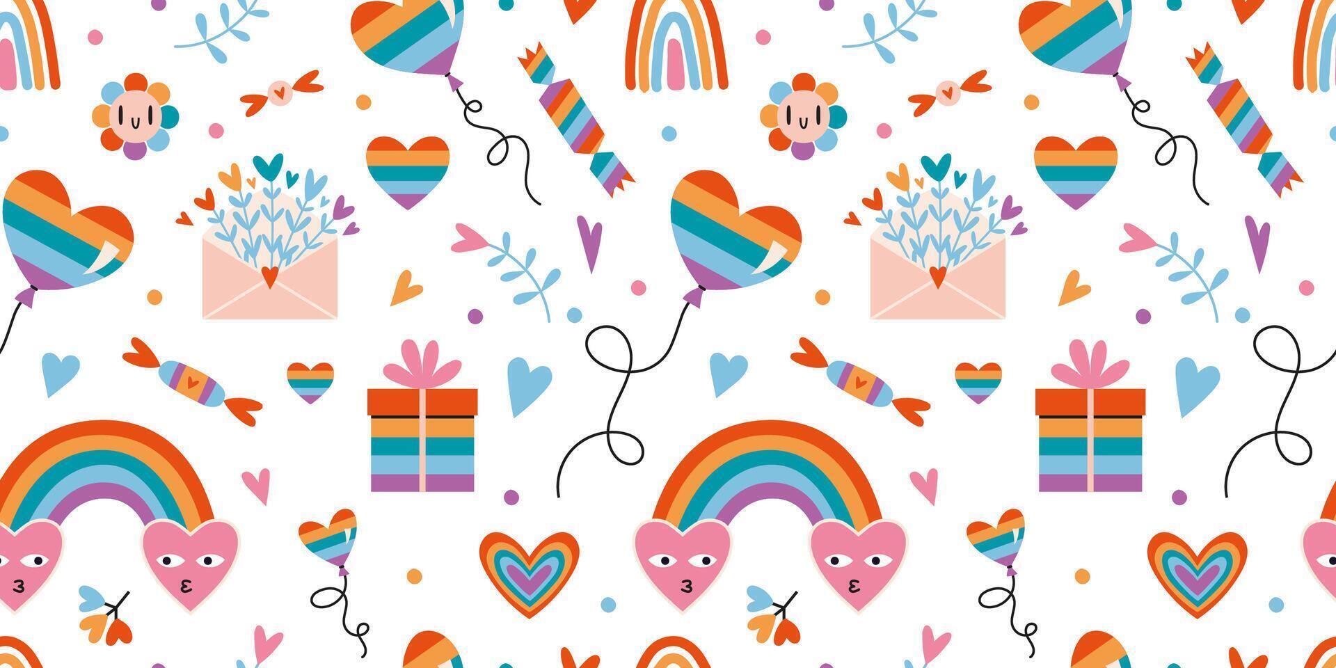 LGBT seamless pattern with cute rainbow romantic elements on a white background, cartoon style. Trendy modern vector illustration, hand drawn, flat