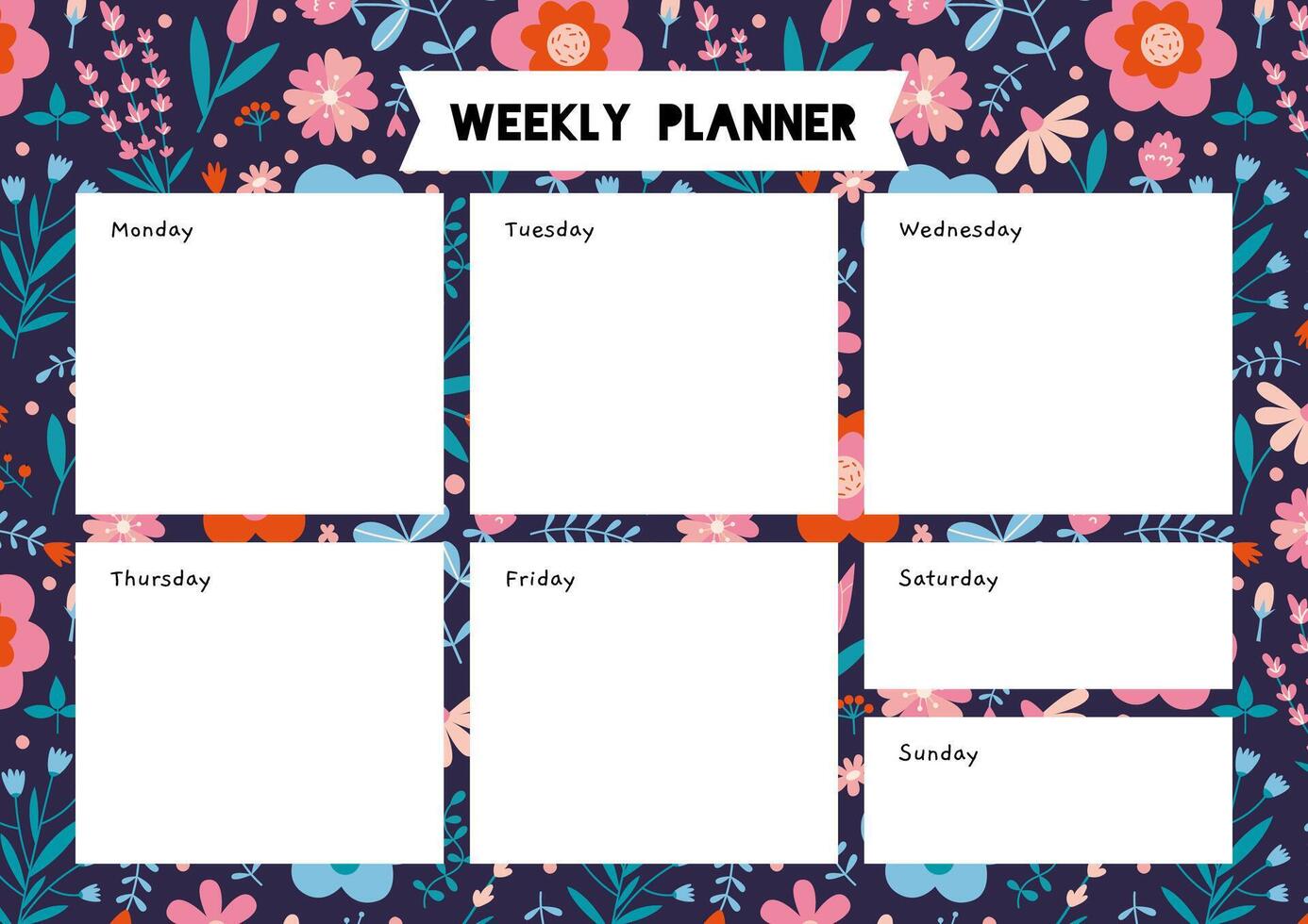 Cute weekly planner template with spring vibe and flower pattern, cartoon style. Trendy modern vector illustration, hand drawn, flat