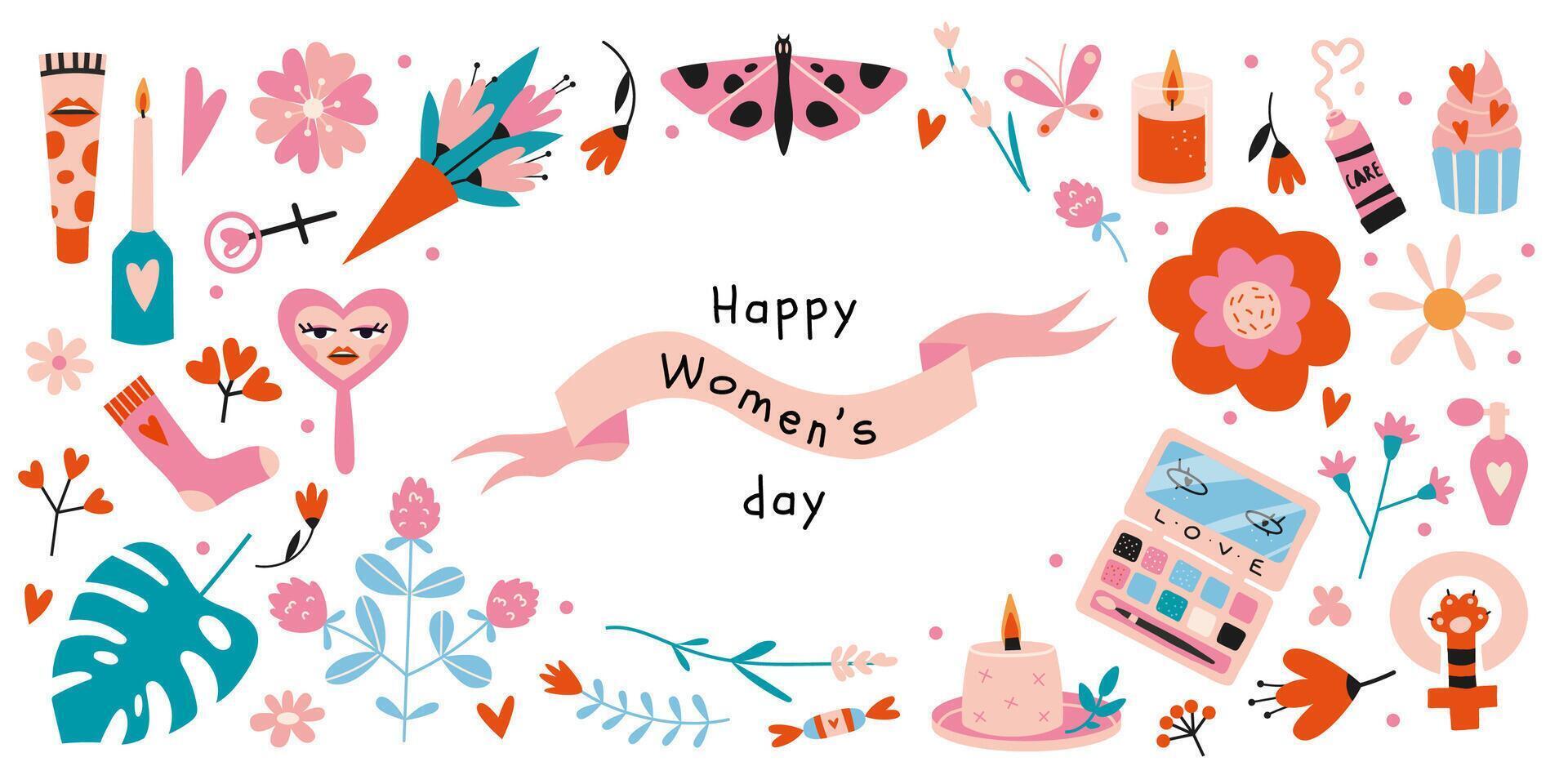 Set of Happy Women's Day elements, cartoon style. Various cute objects like flowers, cosmetics and hearts. Trendy modern vector illustration isolated on white, hand drawn, flat