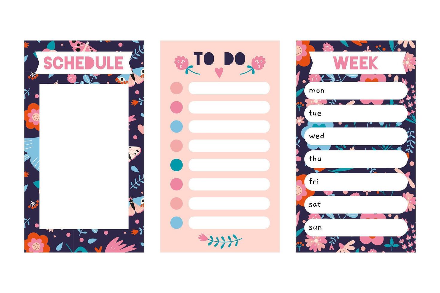 Trendy editable weekly planner, schedule and to do list with a spring vibe. Vector stock illustration, cartoon style. Templates for stories. Modern backgrounds for social media, notebook, flat