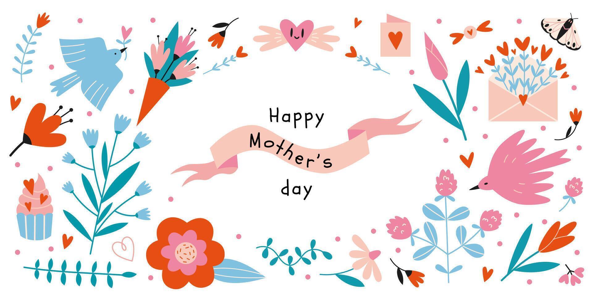 Set of Happy Mother's Day elements, cartoon style. Various cute Spring objects like flowers, birds and hearts. Trendy modern vector illustration isolated on white, hand drawn, flat