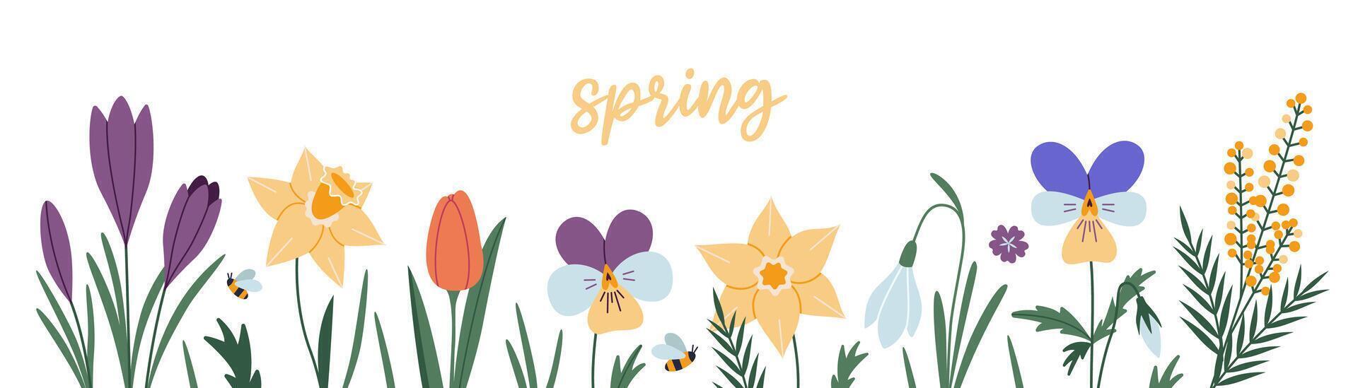conjunto de varios primavera flores, floral borde, dibujos animados estilo. de moda moderno vector ilustración aislado en blanco fondo, mano dibujado, plano