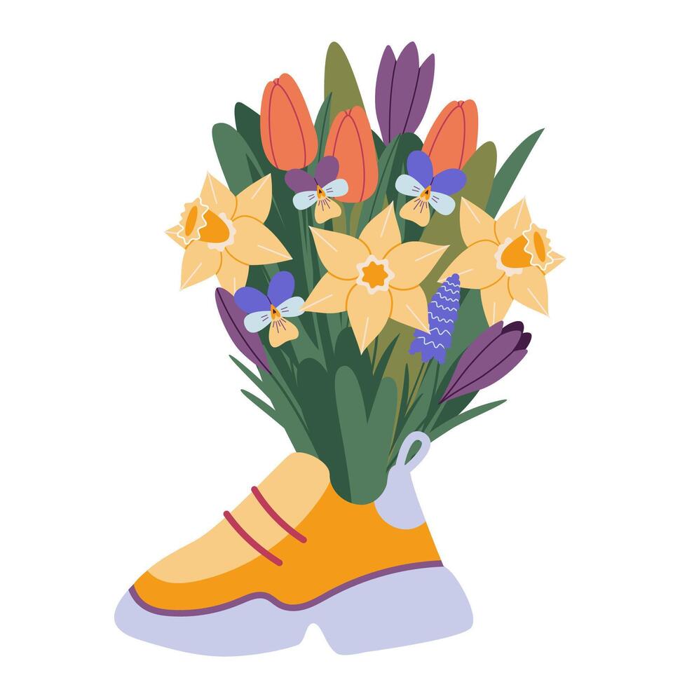 Bouquet of spring flowers with daffodils and tulips in a sneaker, cartoon style. Trendy modern vector illustration isolated on white background, hand drawn, flat