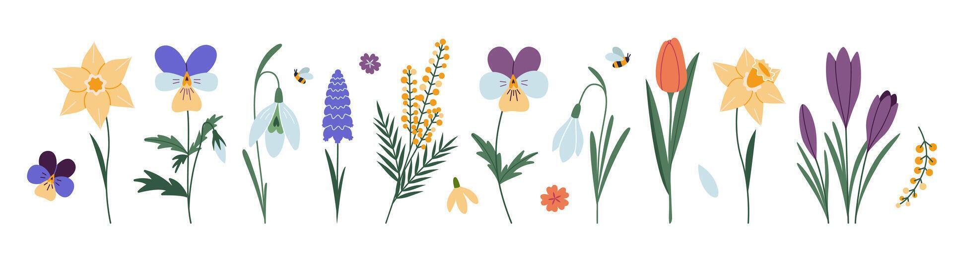 Set of various spring flowers, cartoon style. Trendy modern vector illustration isolated on white background, hand drawn, flat