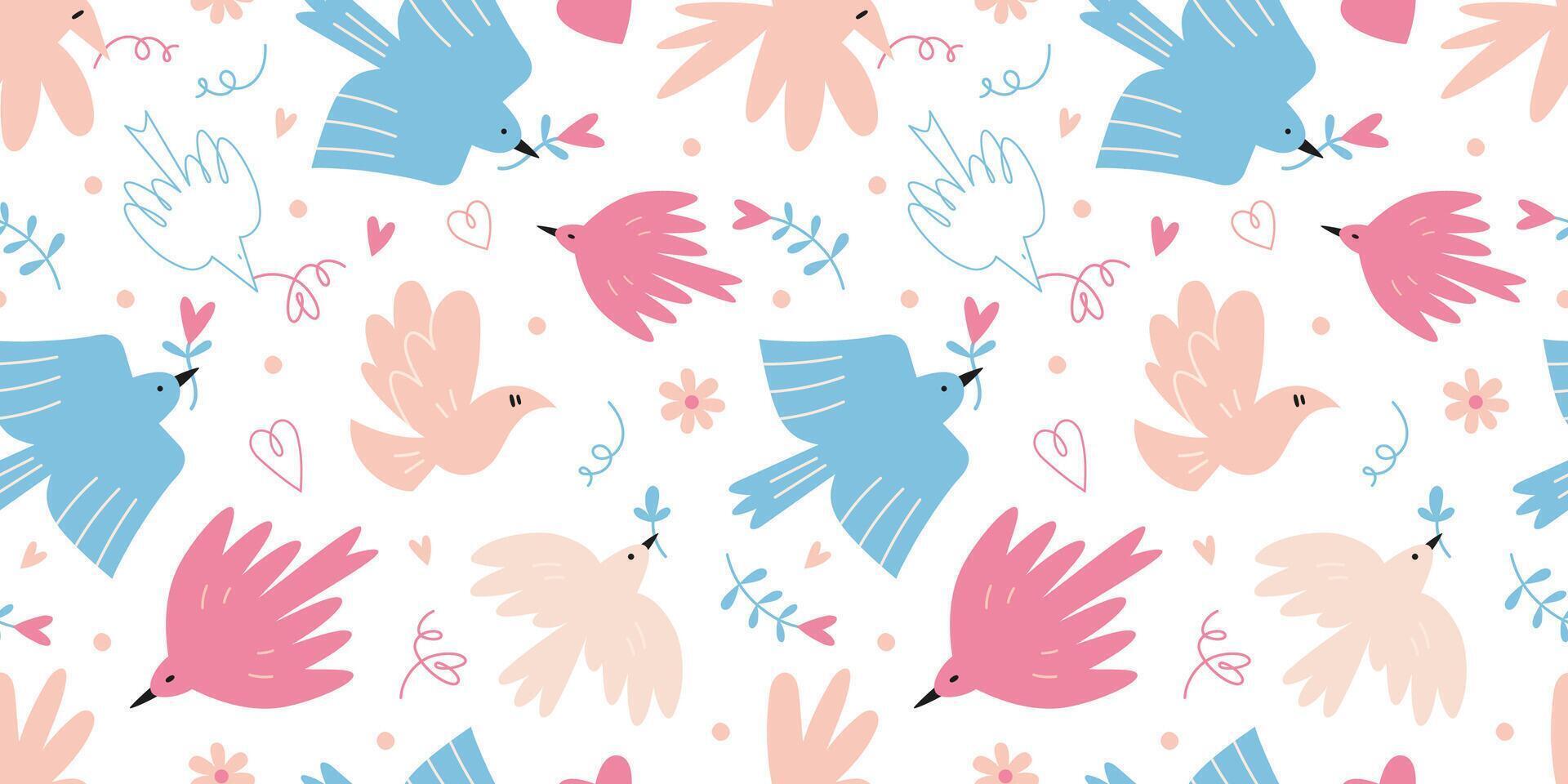 Seamless pattern with cute birds and hearts on a white background, cartoon style. Dove of peace, no war and freedom concept. Trendy modern vector illustration, hand drawn, flat