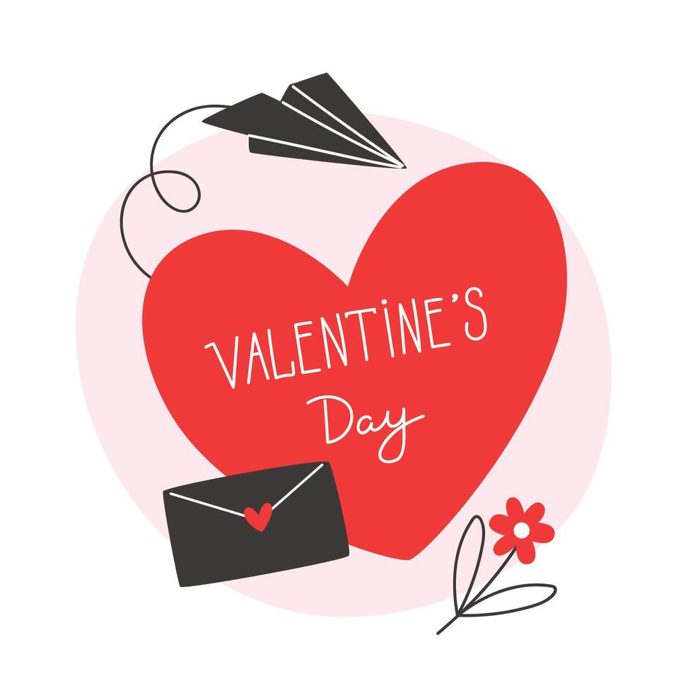 San Valentín día tarjeta con corazón, sobre y papel avión vector