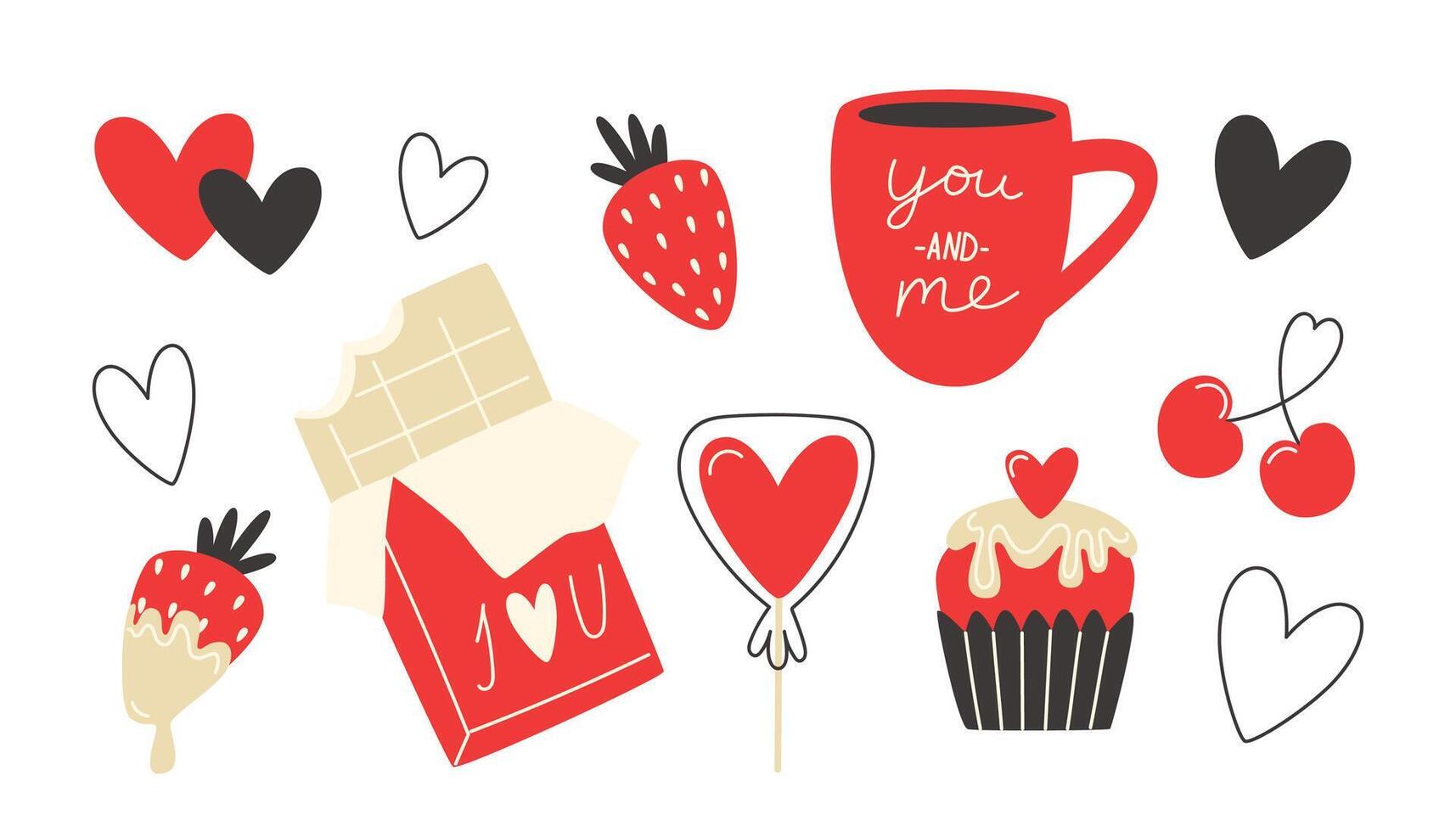 conjunto de San Valentín día elementos con diferente dulces, pirulí y chocolate bar vector