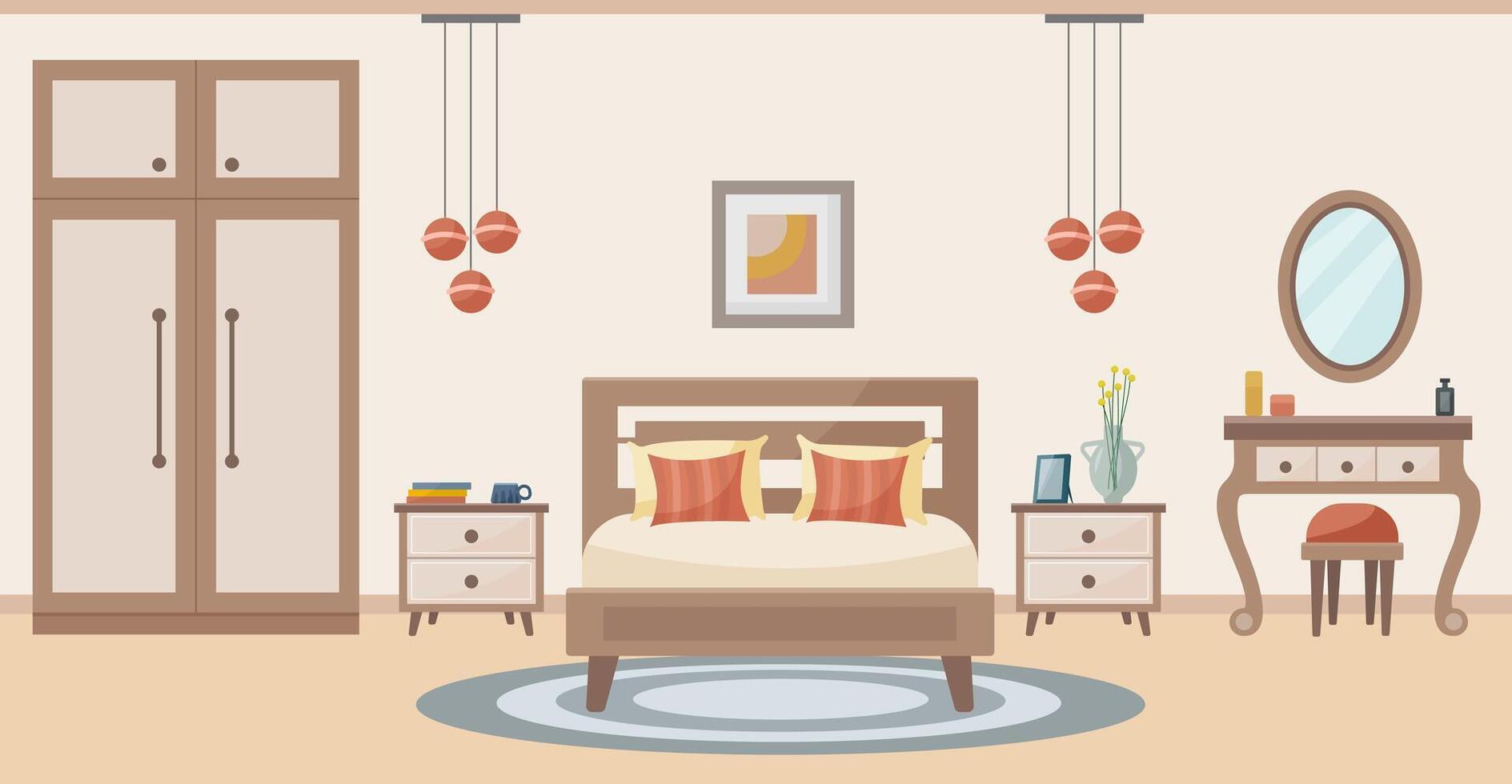 Cozy bedroom. Bedroom interior, bed, dressing table with chair, carpet, potted plants, wardrobe, painting above the bed. Interior concept. Vector flat illustration.