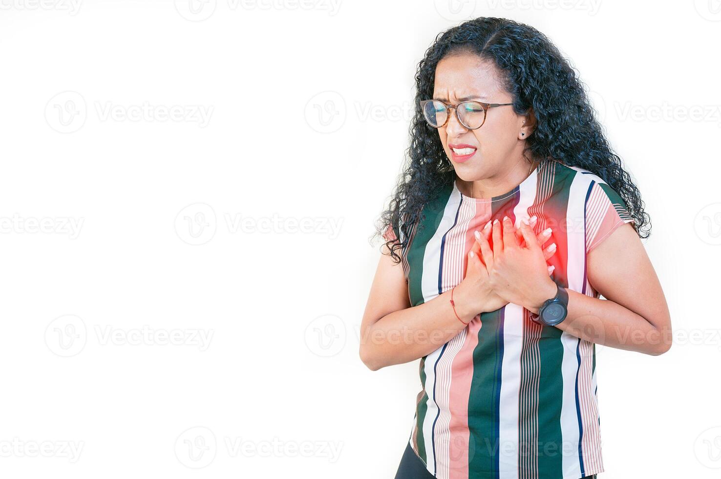 Afro girl with tachycardia touching chest. People with heart problems. Afro woman with heart pain touching chest isolated photo