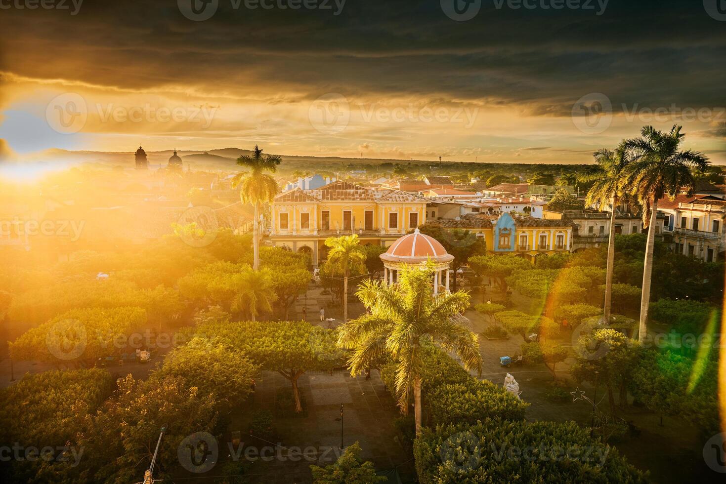 Beautiful view of central park of Granada from the viewpoint. Tourist places in Granada, Nicaragua. View of the central park of Granada at sunset photo