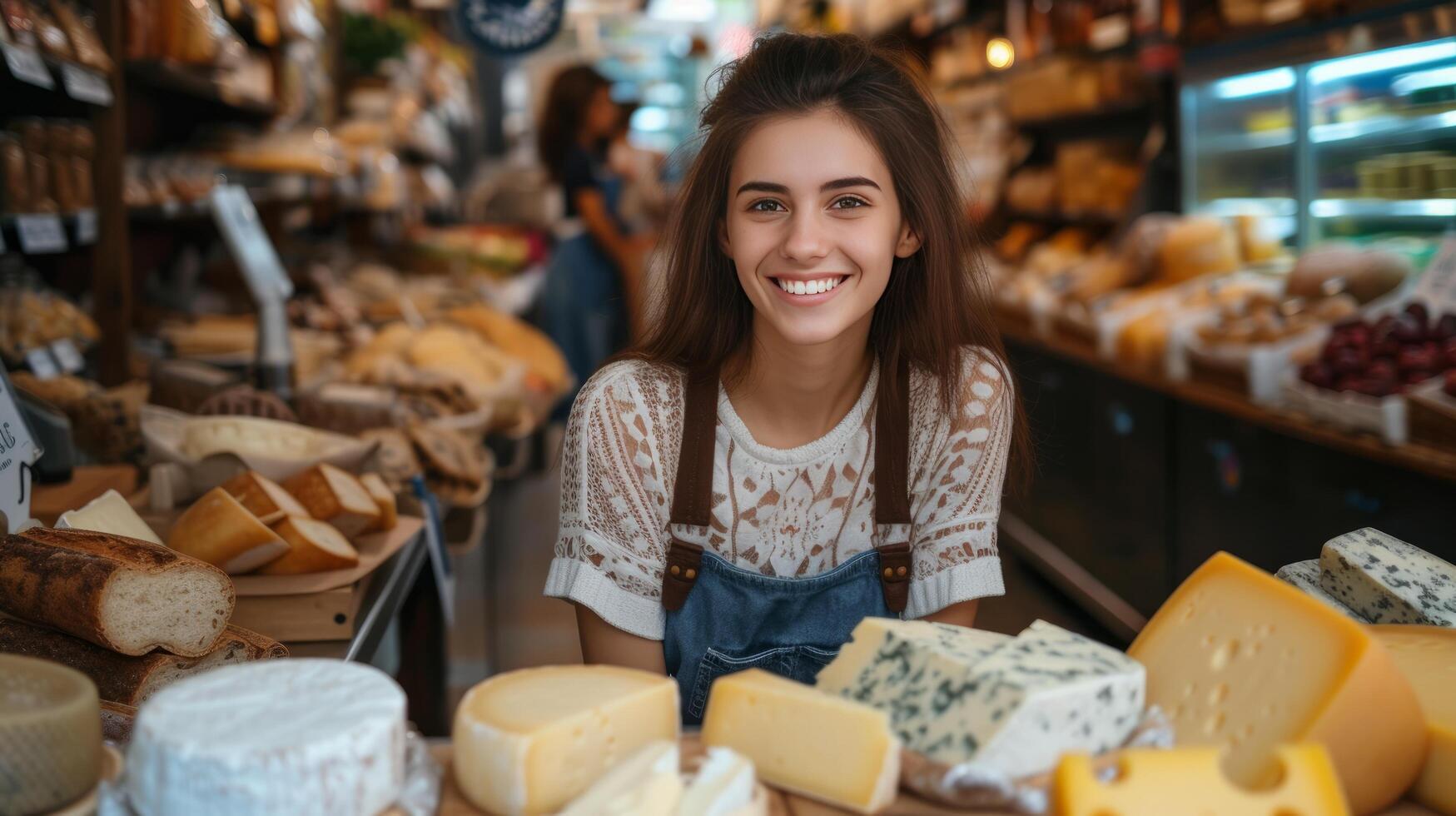 ai generado bonito joven vendedora ofrecimiento queso mientras en pie detrás Tienda contadores foto