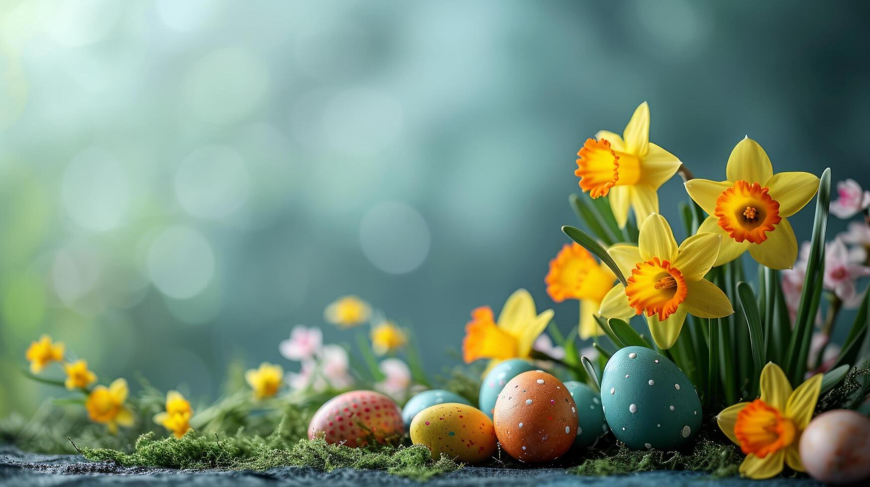 AI generated Beautiful Easter background for advertising with daffodils, tulips and colorful Easter eggs. photo