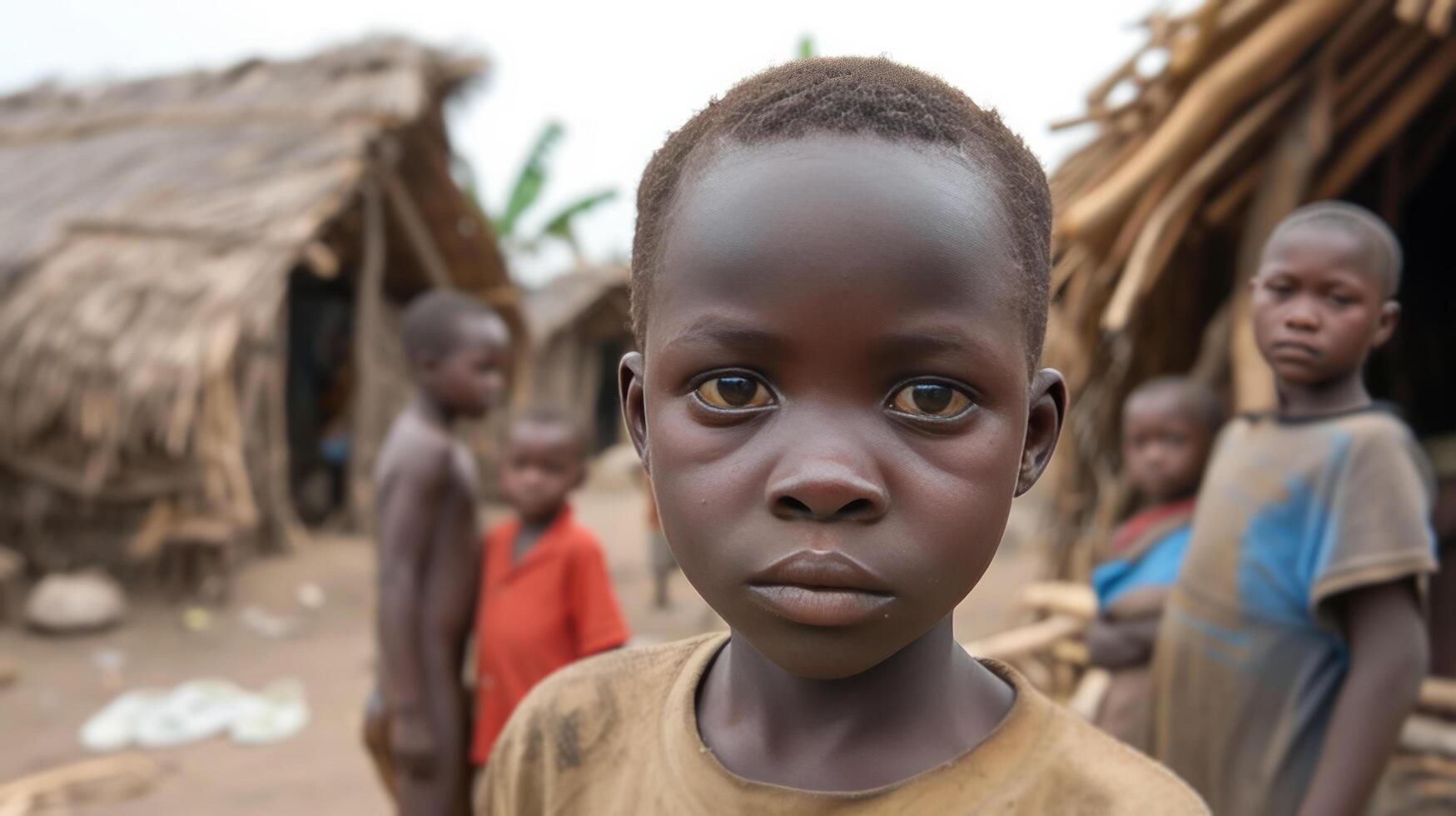 AI generated several poor African boys in a poor African village photo