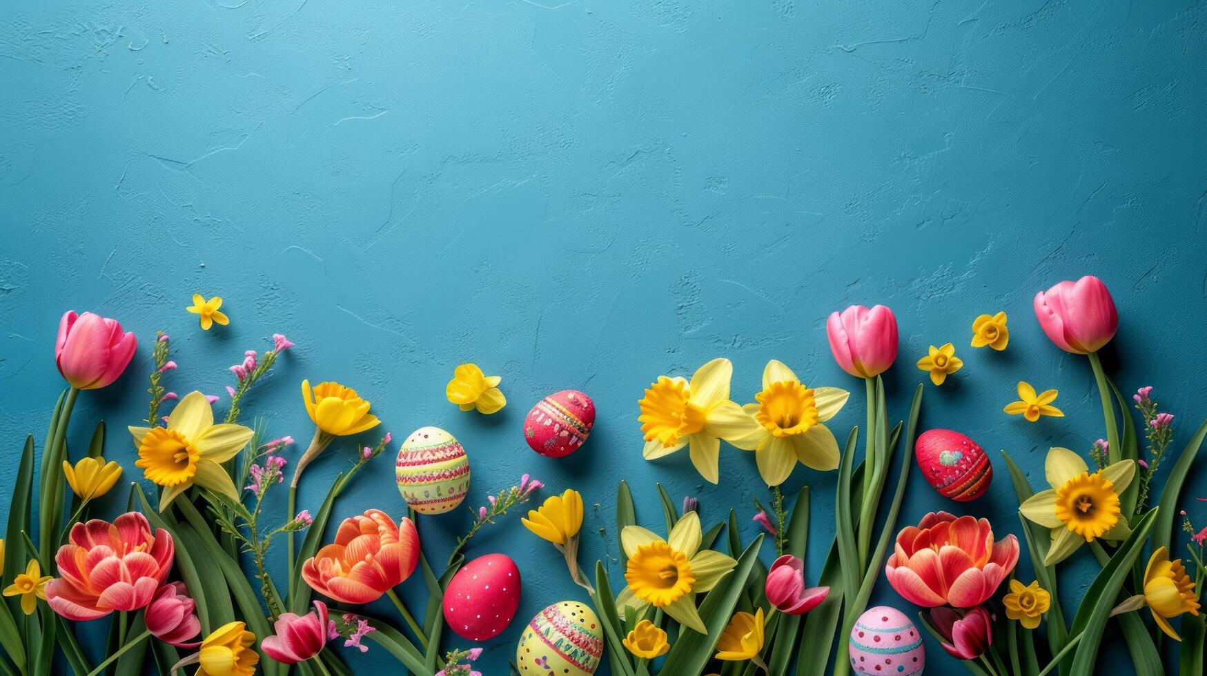 AI generated Beautiful Easter background for advertising with daffodils, tulips and colorful Easter eggs. photo