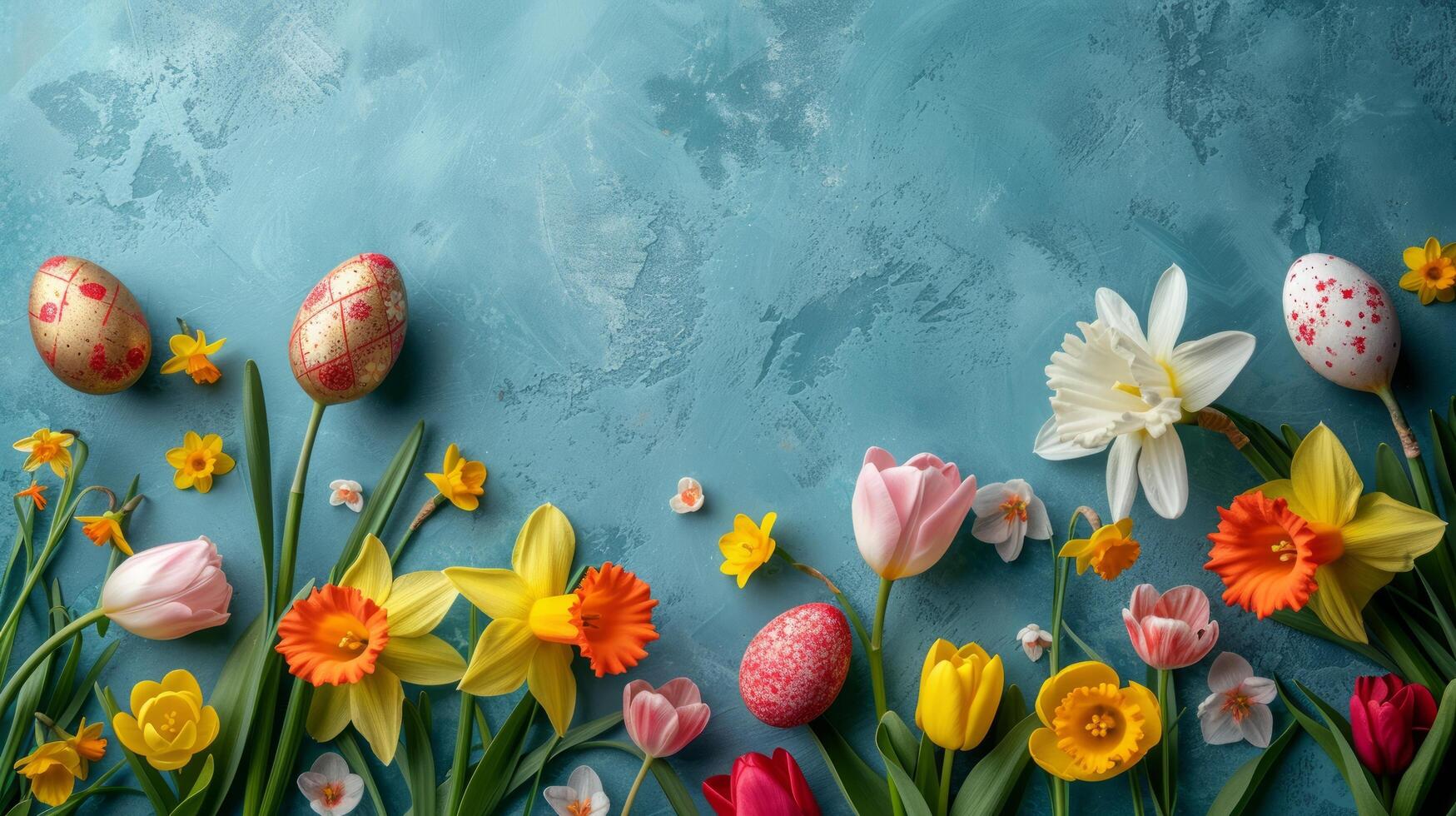 AI generated Beautiful Easter background for advertising with daffodils, tulips and colorful Easter eggs. photo