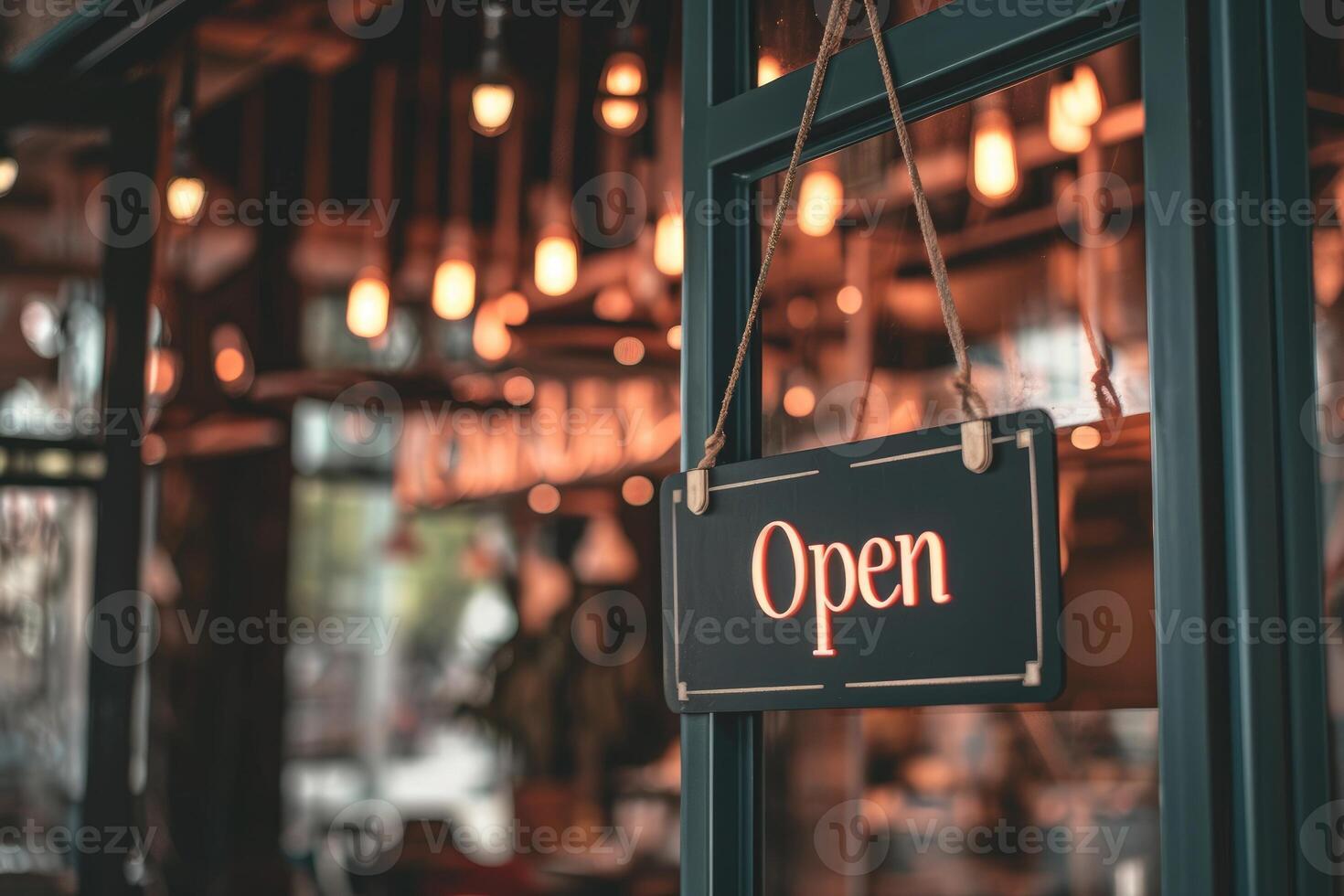 AI generated OPEN Sign board on cafe or restaurant hang on door at entrance, Vintage color tone style. photo