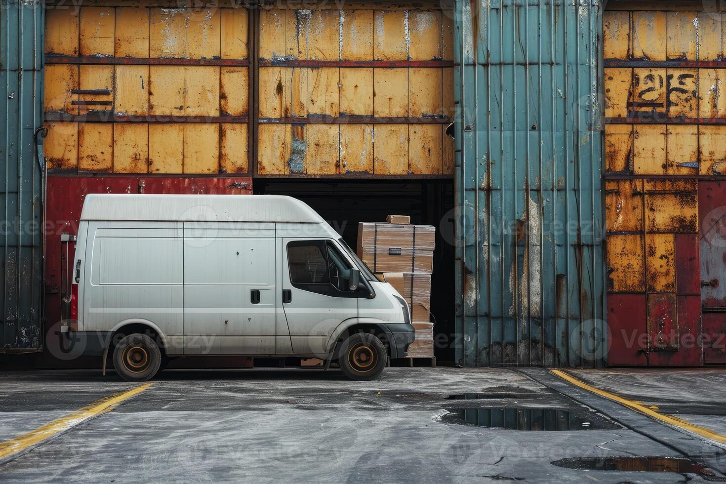 ai generado entrega camioneta, comercial entrega furgonetas con cartulina cajas, logística concepto foto