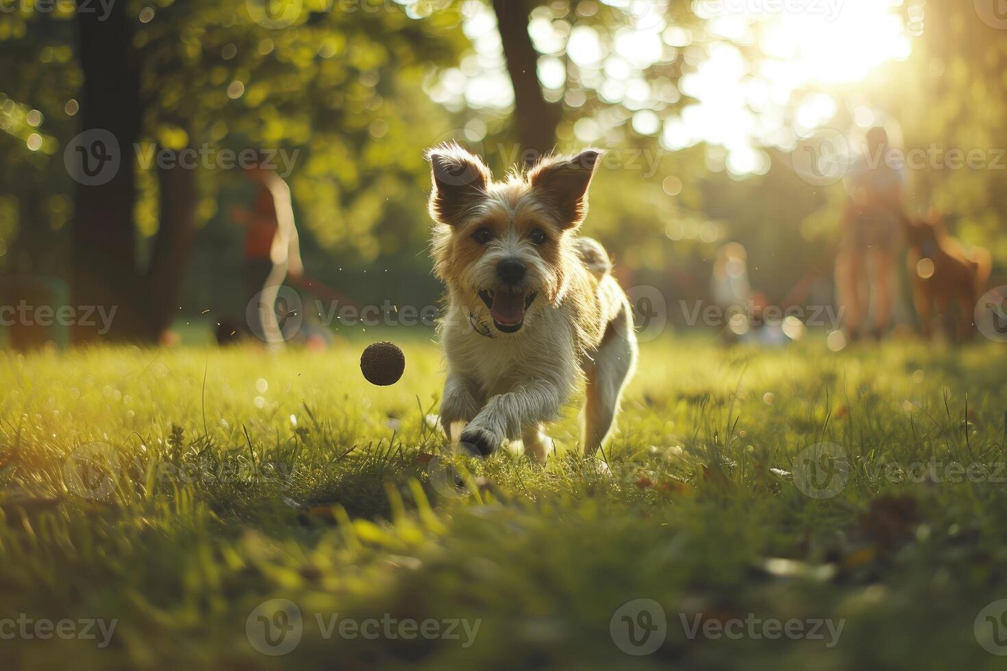 AI generated A friendly Dog happily plays fetch with its owner in a lush green park, friendship with animals photo