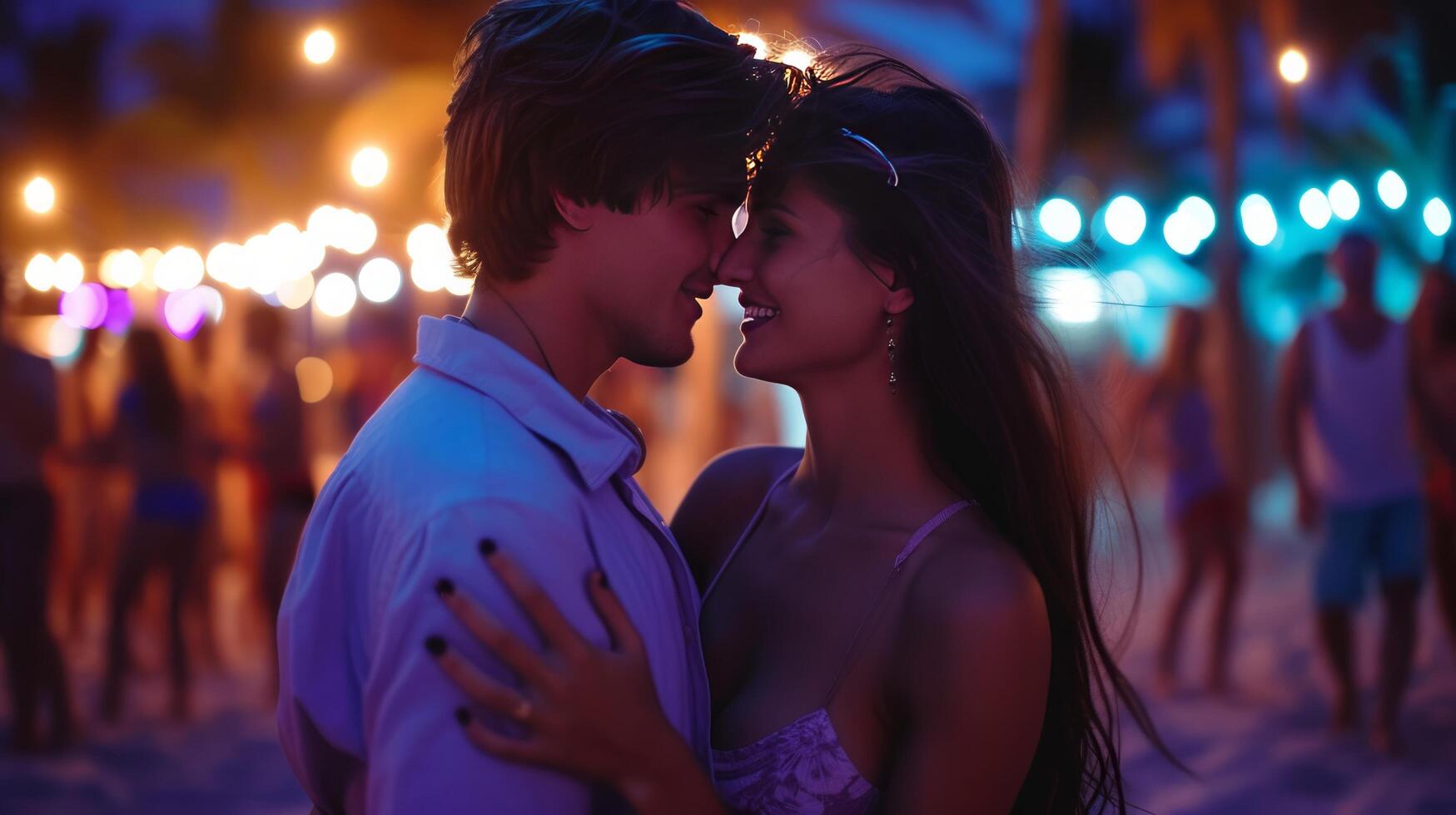 AI generated Beautiful young couple dancing at night music party on the beach photo