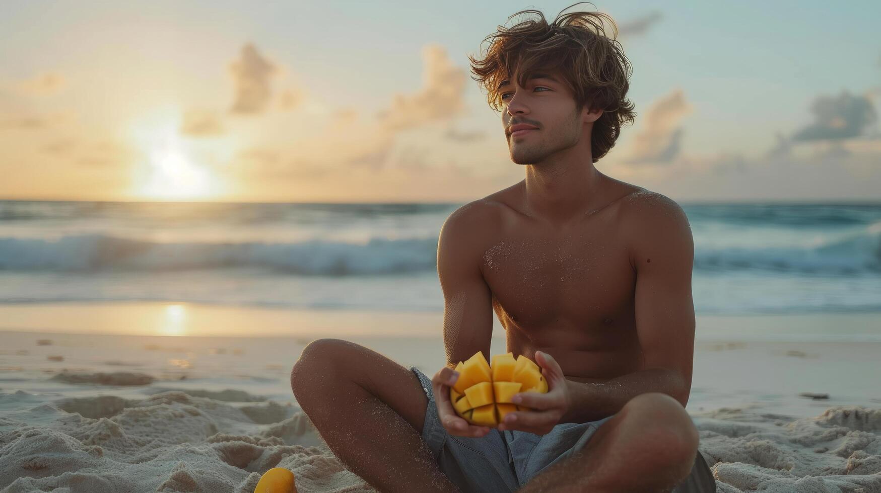 ai generado joven hermoso hombre comiendo rebanado mango mientras sentado en el playa foto