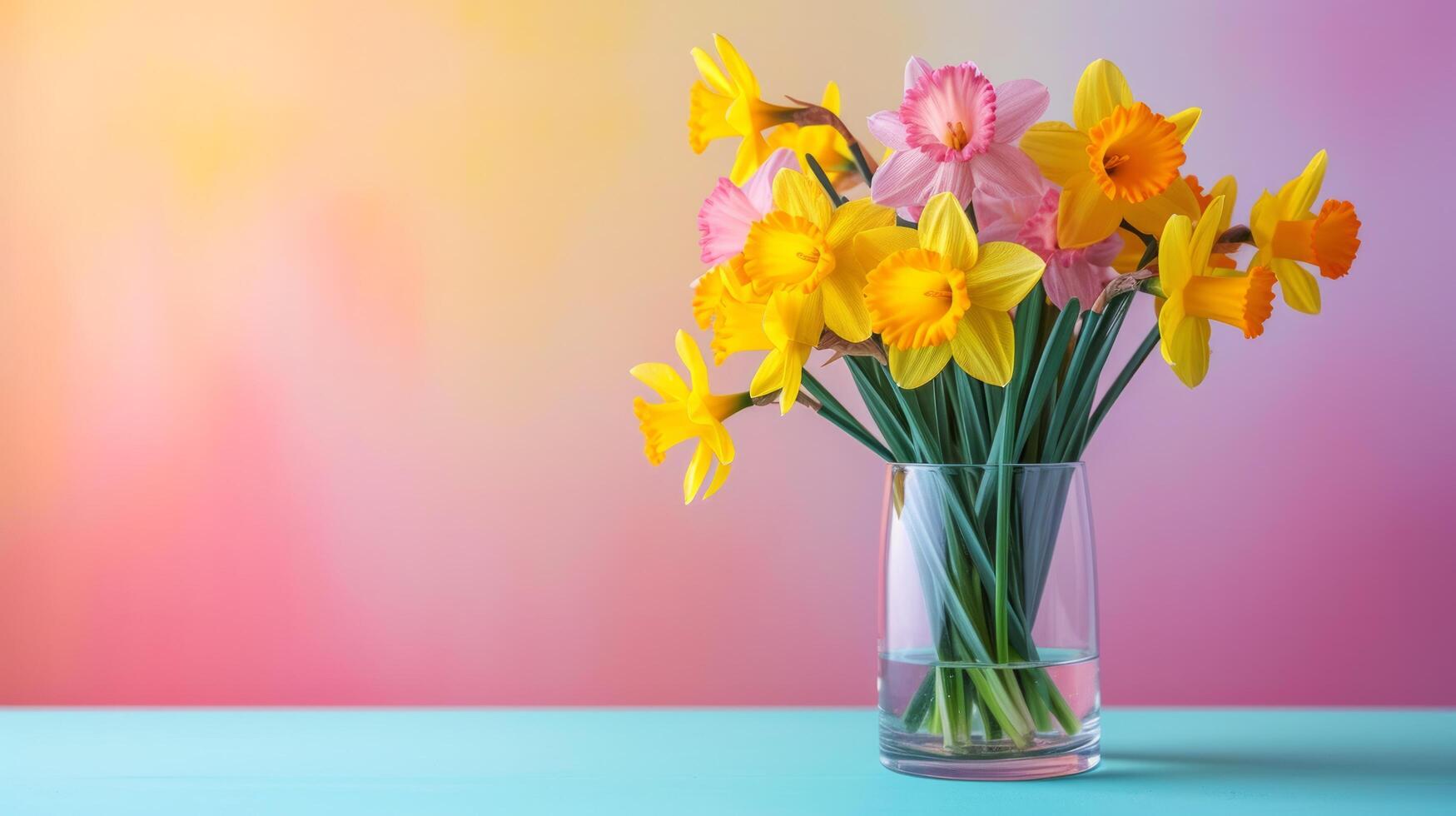AI generated Bouquet of Daffodils in a glass vase on a minimalistic bright background photo