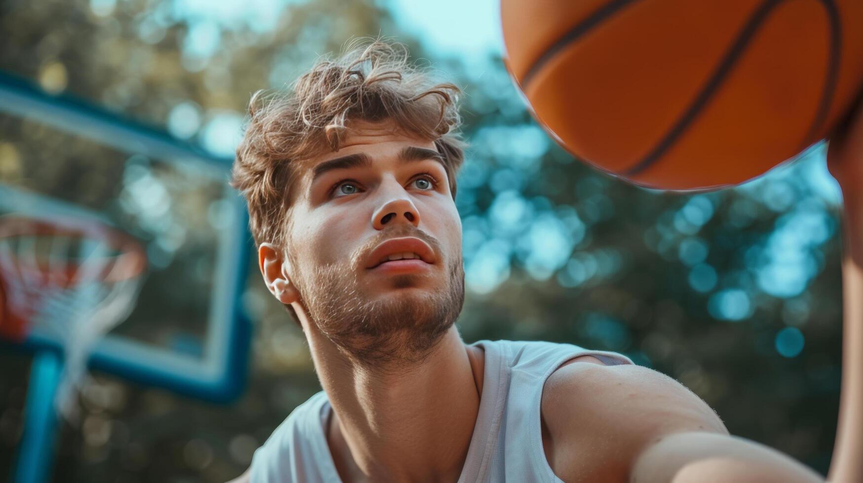 AI generated Young handsome basketball player throwing a basketball into a basketball hoop photo