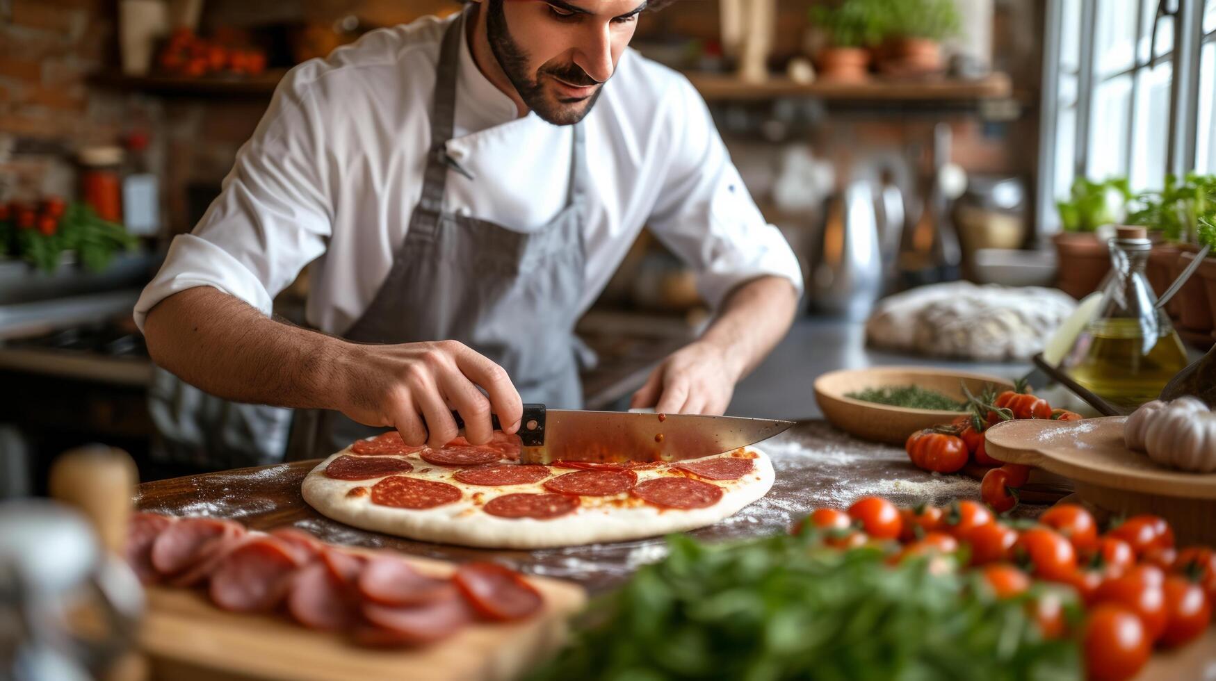 AI generated Young handsome man cutting pepperoni sausage into slices for making pizza photo