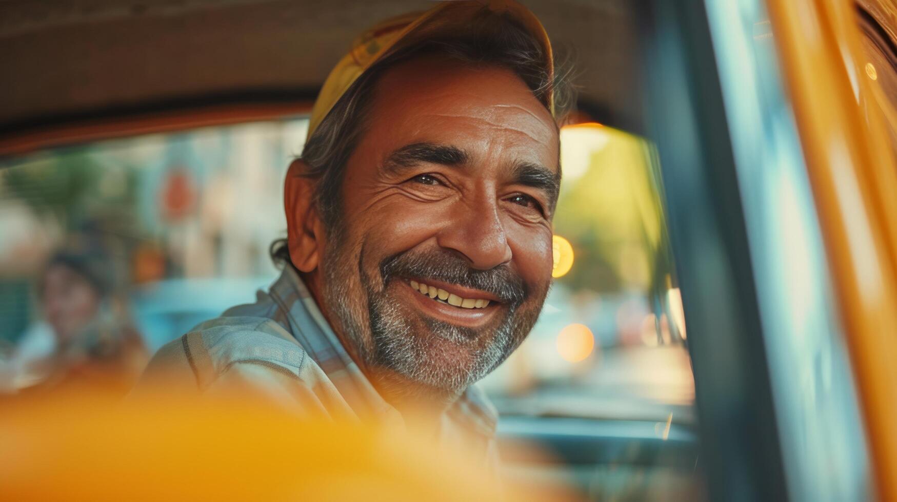 AI generated Taxi driver smiling and looking at the camera from the window of his car photo