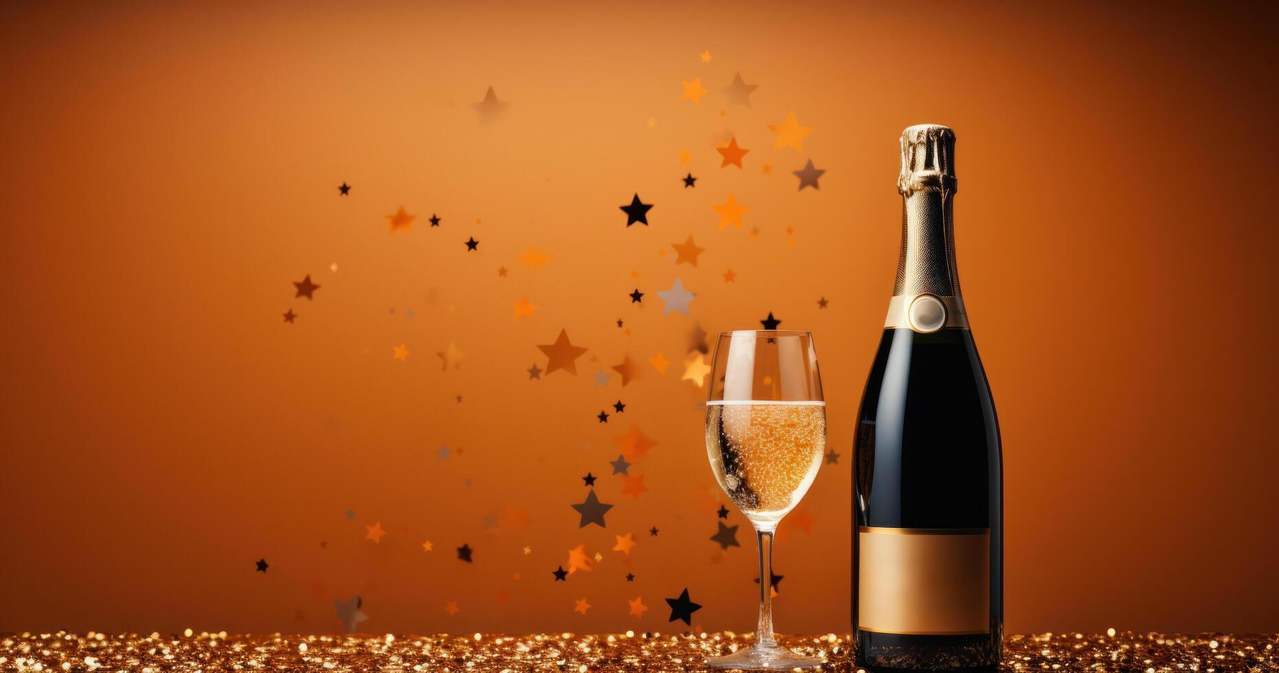 AI generated a bottle of champagne and stars are floating on a beige background, photo