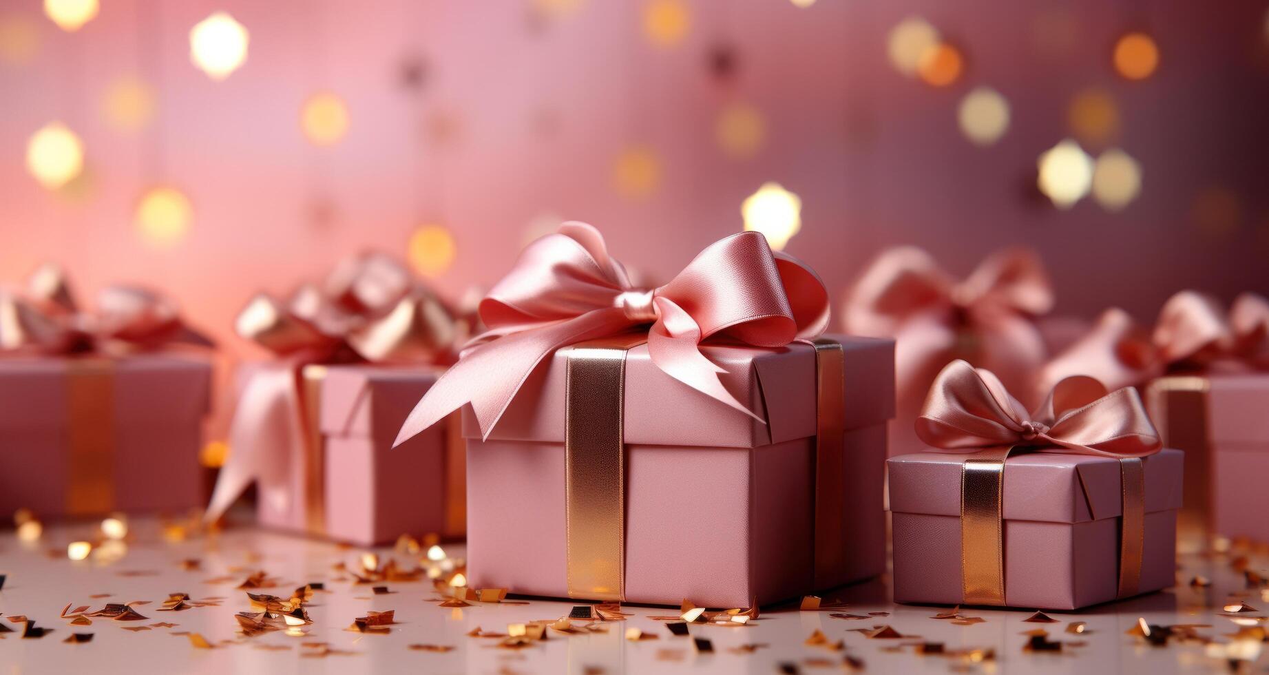 AI generated a pink gift box surrounded by gold confetti and pink bows on a pink background, photo